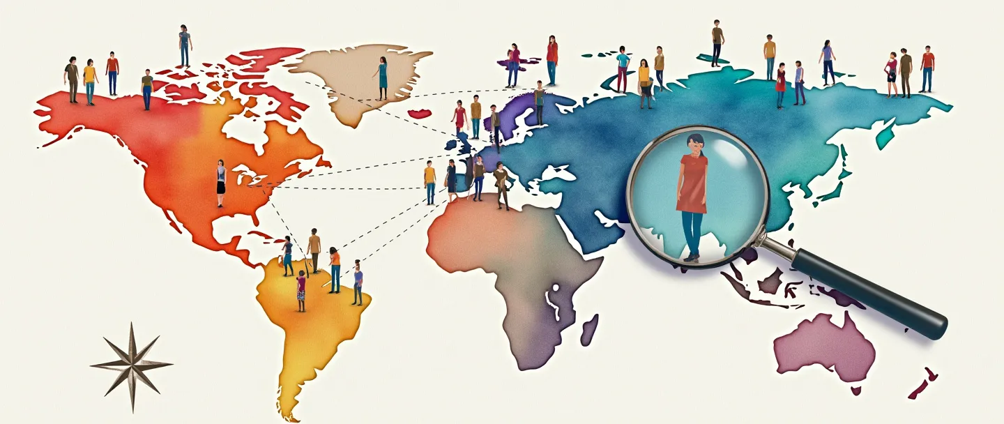Uma pintura digital em aquarela de um mapa-múndi dividido em regiões coloridas distintas, com uma lupa destacando um segmento. Pequenos grupos de pessoas diversas estão em diferentes regiões, conectados por linhas pontilhadas. Uma rosa dos ventos está no canto, sugerindo orientação geográfica. Design simples e limpo com cores vibrantes.