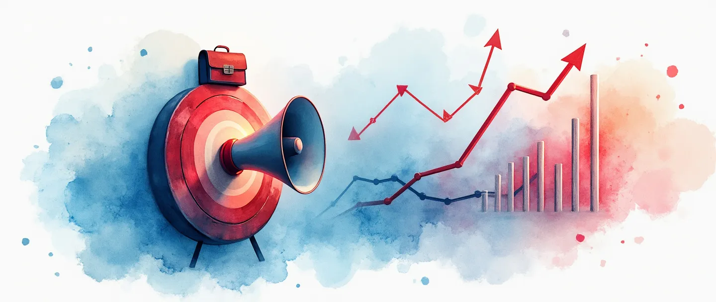 Uma pintura digital em aquarela de um alvo com elementos de marketing fluindo ao seu redor. Uma maleta se transforma em um megafone em uma extremidade, enquanto um gráfico simples mostra tendência de crescimento no outro lado. Uma bússola aponta para o centro do alvo, representando direção estratégica. Composição simples com azuis e vermelhos vibrantes, capturando a essência da administração de mercado.