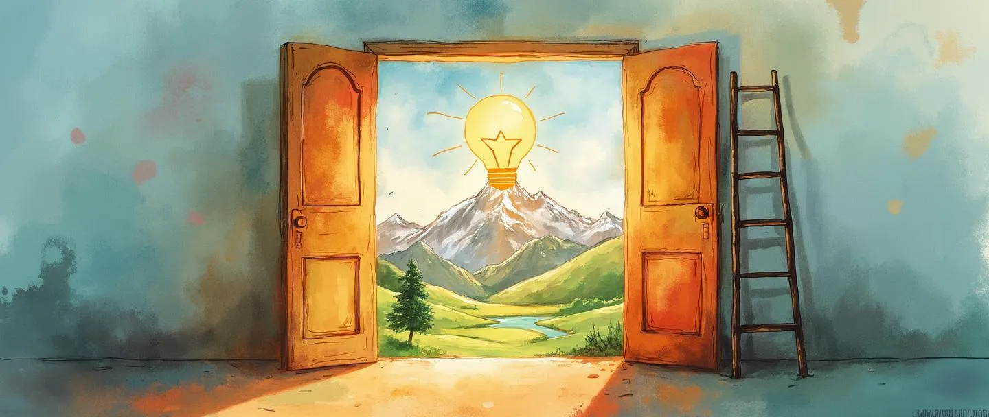 Uma pintura digital em aquarela de uma porta aberta revelando uma paisagem vibrante com oportunidades. Uma bússola aponta para um pico de montanha distante onde um troféu dourado brilha. Uma escada simples está apoiada contra o batente da porta, com uma lâmpada flutuando acima, simbolizando oportunidades externas aguardando descoberta. Cores quentes e esperançosas.