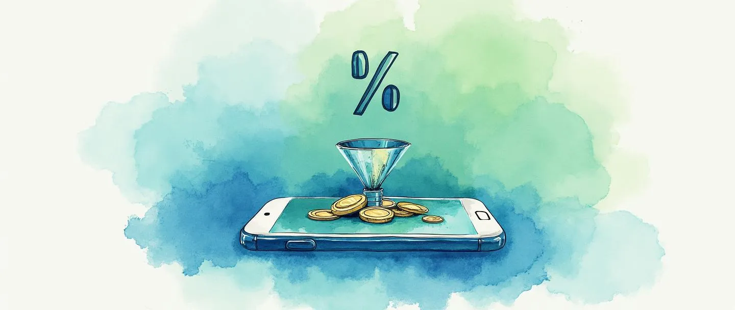 Uma pintura digital em aquarela de um smartphone com um símbolo de porcentagem flutuando acima dele, transformando-se em moedas. Um funil simples conecta o telefone a uma pequena pilha de dinheiro. Linhas limpas, azuis e verdes vibrantes, estilo minimalista com simbolismo claro de conversão.