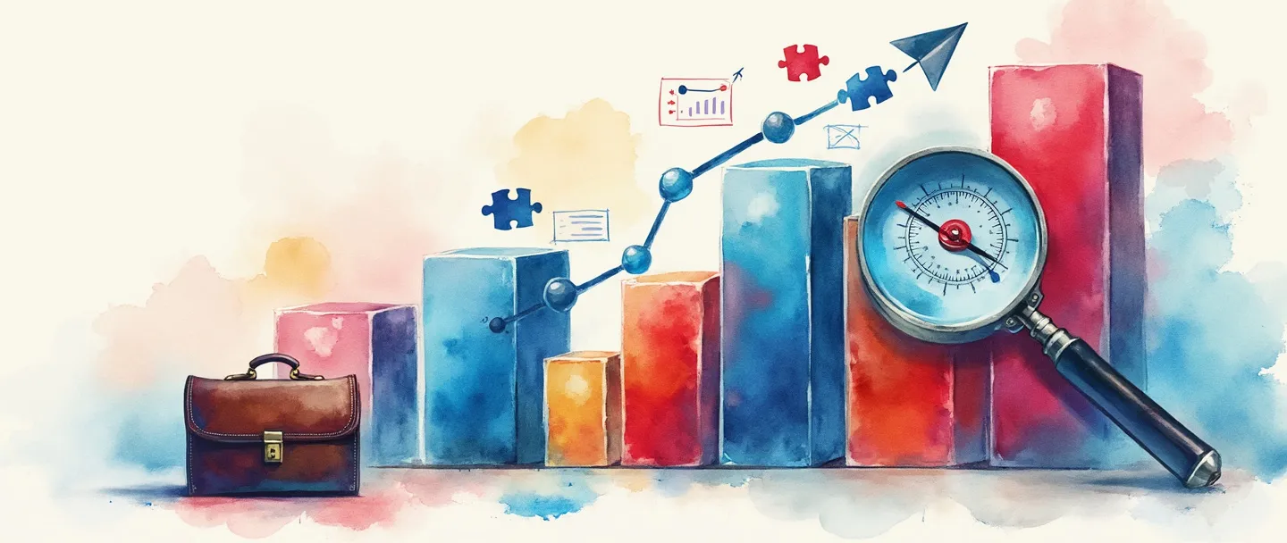 Uma pintura digital em aquarela de uma lupa examinando um gráfico de barras colorido, com uma bússola próxima apontando para um alvo. Uma pequena maleta repousa em primeiro plano enquanto peças de quebra-cabeça conectam diferentes partes do gráfico. Composição simples com vibrantes tons de azul e vermelho, tema de análise de negócios.