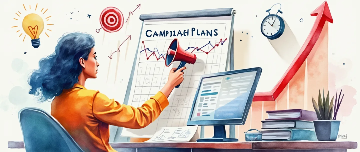 Uma pintura digital em aquarela de uma pessoa em uma mesa mapeando um plano de campanha em um calendário, com um alvo, uma lâmpada e um megafone flutuando acima. Um gráfico ascendente mostra progresso, enquanto um relógio indica sutilmente o gerenciamento de tempo. Composição simples com cores vibrantes transmitindo planejamento estratégico.