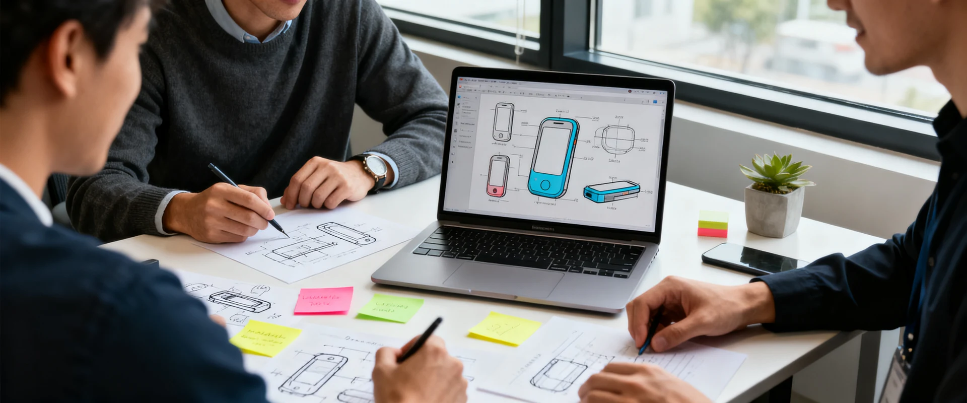 Equipe de startup colaborando em escritório moderno com laptop mostrando protótipo de produto, notas adesivas e esboços visíveis em reunião autêntica de desenvolvimento, fotografia editorial ultra-realista com luz natural e detalhes nítidos.
