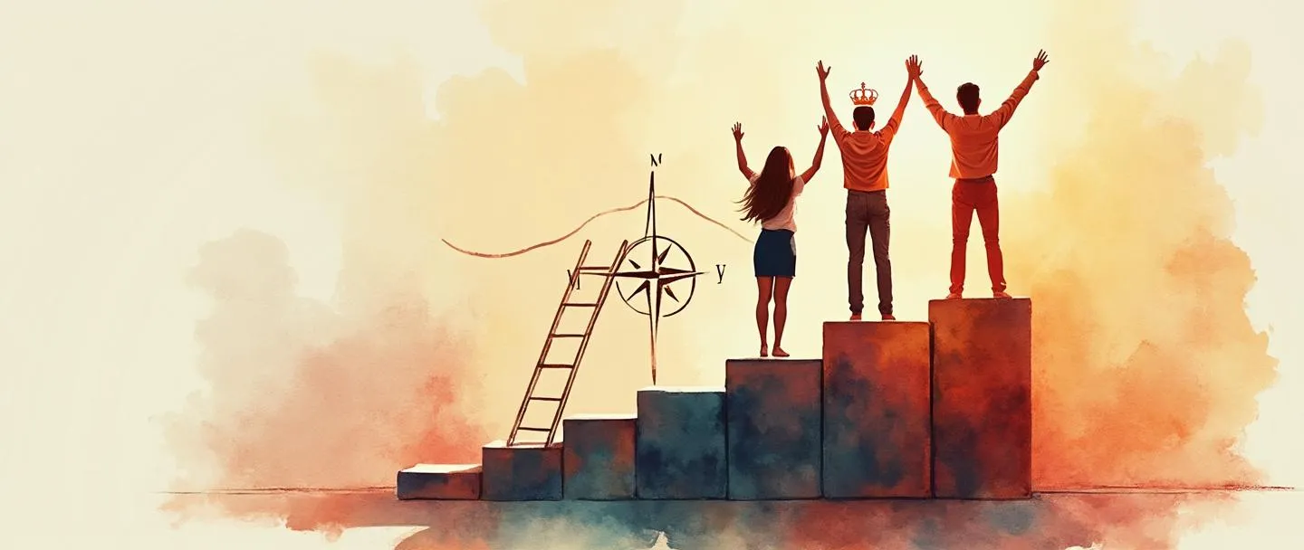 Uma pintura digital em aquarela de três pessoas em pé sobre um pódio, a figura central ligeiramente mais alta com uma coroa, todas segurando as mãos erguidas juntas. Atrás delas, um gráfico ascendente simples com uma escada apoiada nele. Uma rosa dos ventos sutilmente orienta a direção para cima. Cores quentes e inspiradoras com energia de liderança.