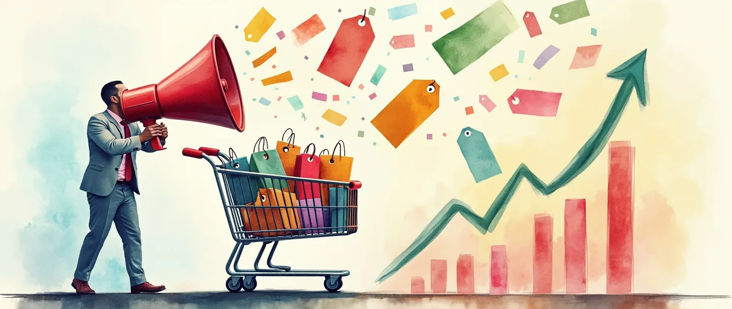 Uma pintura digital em aquarela de um megafone anunciando ofertas especiais, com etiquetas de preço coloridas caindo como confete. Um carrinho de compras transbordando de produtos está ao lado de um gráfico de vendas em ascensão. Composição simples com cores vibrantes capturando a essência do marketing de promoção de vendas.