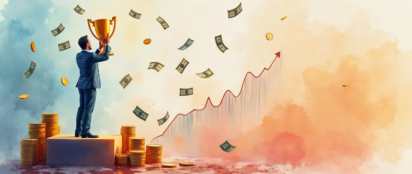 Uma pintura digital em aquarela de uma pessoa de negócios segurando um troféu enquanto está em pé em um pódio, com dinheiro e moedas caindo ao seu redor. Um pequeno gráfico com tendência ascendente aparece no fundo. Composição simples com cores vibrantes, retratando o conceito de bônus de gestão.