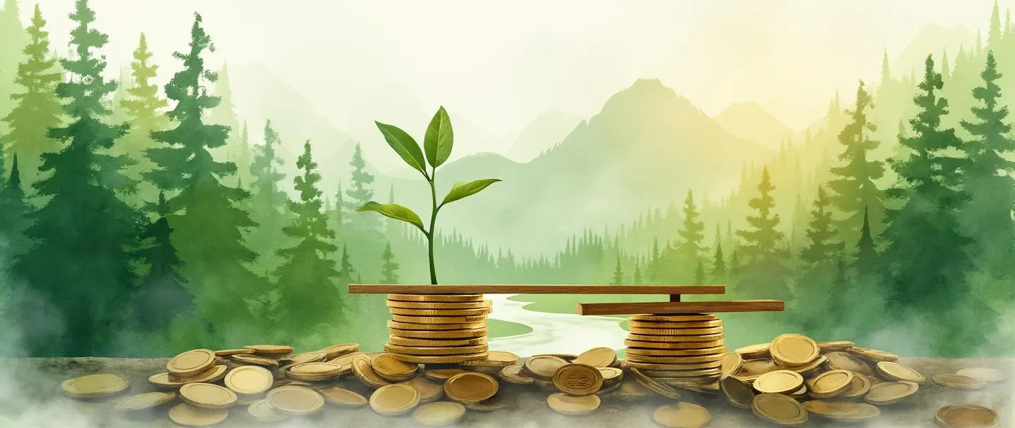 Tradução para pt-br:

Uma pintura digital em aquarela de uma floresta verde exuberante com recursos naturais (árvores, rio, montanhas) se misturando perfeitamente com moedas de ouro e uma balança. Uma pequena muda cresce de uma moeda, simbolizando o capital natural como ativos valiosos. Composição simples com tons terrosos e texturas suaves de aquarela.