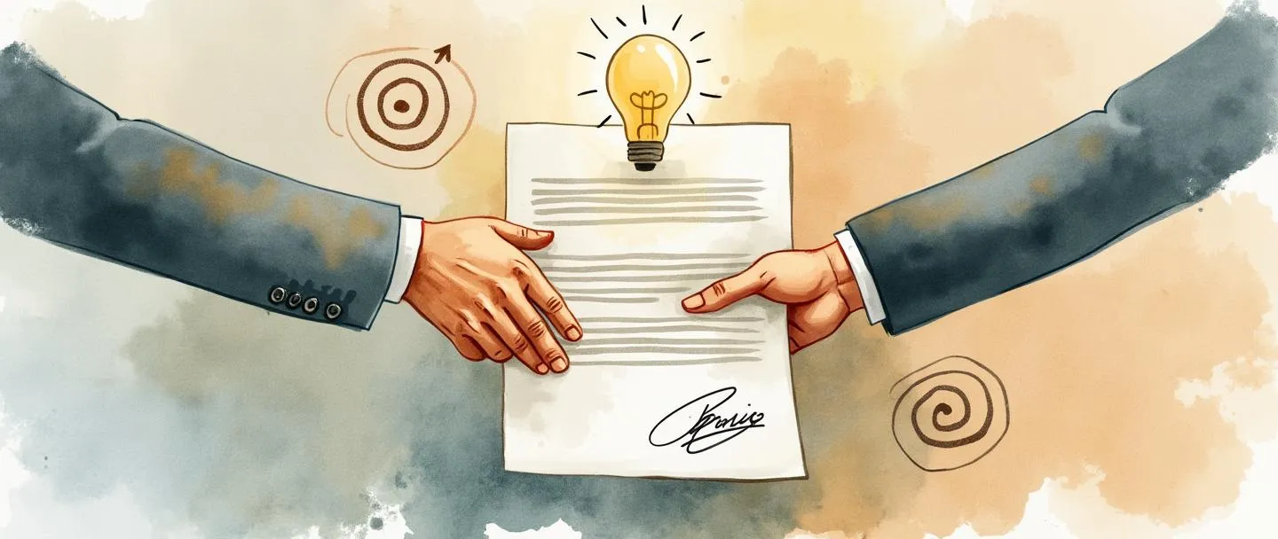 Uma pintura digital em aquarela de um documento formal com uma assinatura manuscrita na parte inferior, cercado por dois empresários apertando as mãos. Uma lâmpada flutua acima do documento, com um símbolo de alvo sutil no fundo. Composição simples com cores quentes e profissionais.