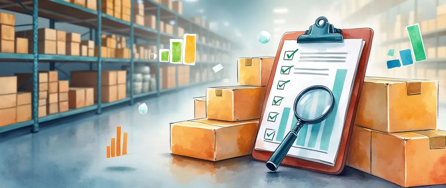 Uma pintura digital em aquarela de uma prancheta com lista de verificação de inventário e caixas de produtos, cercada por alguns gráficos de barras flutuantes e uma lupa examinando quantidades de produtos. Prateleiras simples de armazém ao fundo com itens organizados. Conceito de gestão de inventário limpo e organizado com cores vibrantes, porém suaves.