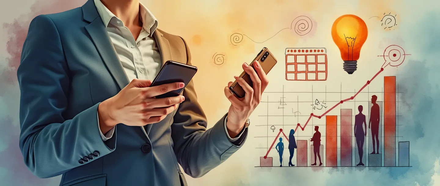 Uma pintura digital em aquarela de uma pessoa em trajes executivos segurando um smartphone, planejando uma estratégia de vendas em um calendário simplificado. Ícones de alvo e gráficos com tendência de crescimento flutuam próximos, conectando-se a várias silhuetas de clientes. Uma lâmpada brilha acima, representando ideias para planejamento de vendas ao consumidor. Cores quentes e acessíveis com uma estética limpa e moderna.