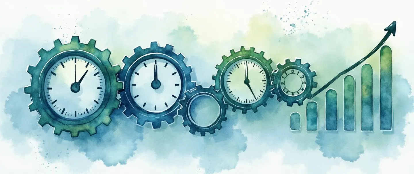 Uma pintura digital em aquarela de engrenagens aerodinâmicas fluindo eficientemente em um movimento circular, com partes desnecessárias sendo removidas. Um cronômetro mostra o tempo economizado enquanto um gráfico simples ascendente indica o aumento da produtividade. Composição limpa e minimalista com tons suaves de azul e verde transmitindo eficiência e otimização.