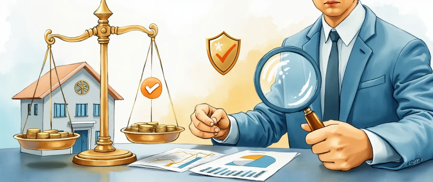 Uma pintura digital em aquarela de um profissional com uma lupa examinando documentos financeiros e gráficos. Próximo a ele, há uma balança com moedas de um lado e um símbolo de marca de verificação do outro. Um pequeno edifício de escritórios aparece ao fundo com um emblema de escudo representando segurança e confiança. Composição simples com tons de azul e dourado, transmitindo supervisão financeira e precisão.