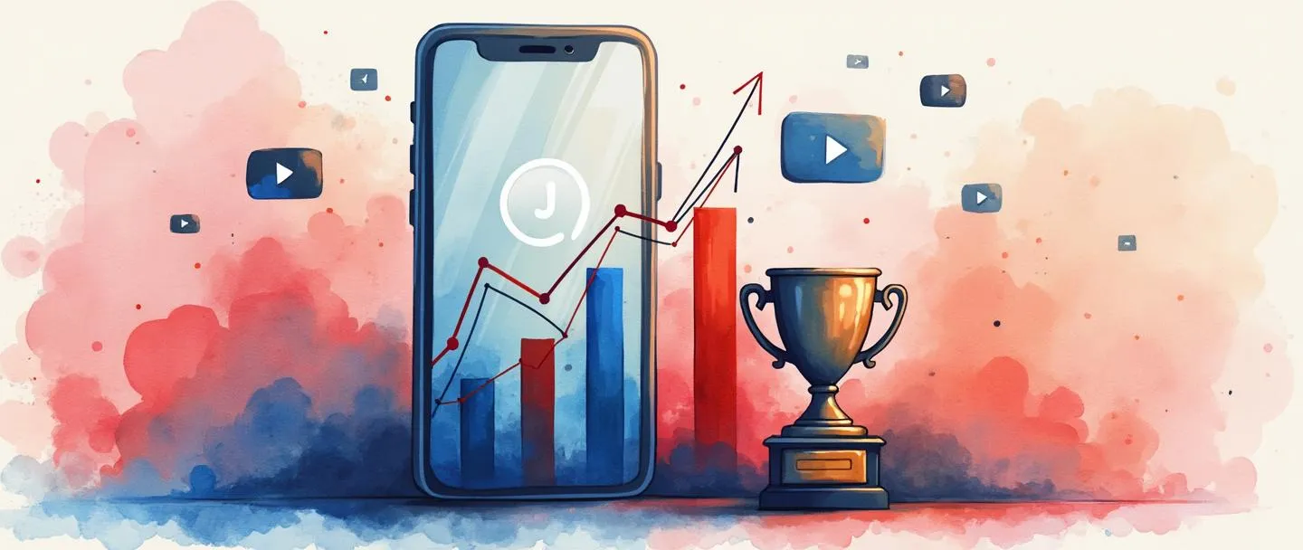 Uma pintura digital em aquarela de um smartphone exibindo um gráfico de barras com tendência ascendente, cercado por botões de reprodução flutuantes e contadores de visualizações. Um pequeno troféu está ao lado dele, com um logo sutil do YouTube acima. Composição simples, vermelhos e azuis vibrantes, tema de análise de dados.