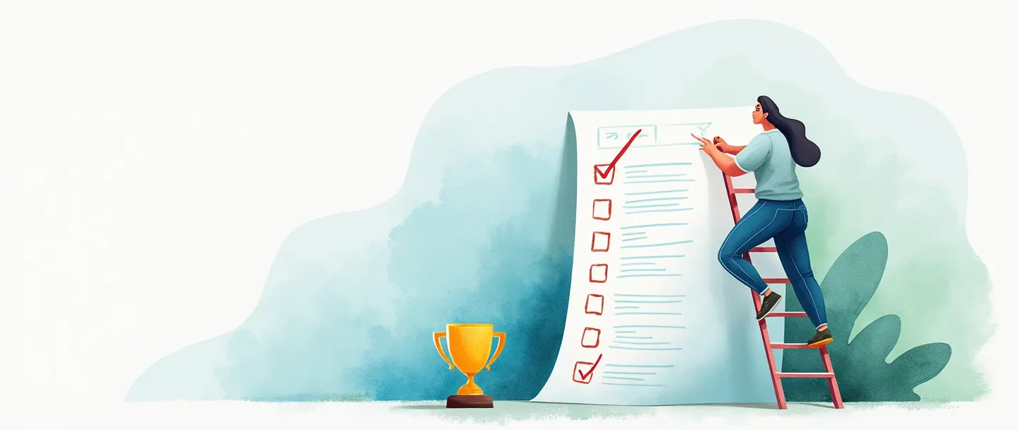 Uma pintura digital em aquarela de uma pessoa subindo uma escada em direção a um alvo com metas escritas, segurando um lápis. Abaixo, uma lista de verificação concluída está ao lado de um pequeno troféu. Composição simples com tons suaves de azul e verde, transmitindo progresso e realização.