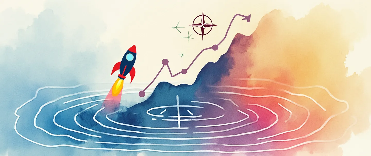 Uma pintura digital em aquarela de um gráfico de mercado com trajetória ascendente, cercado por círculos concêntricos em expansão. Um pequeno foguete é lançado ao lado da linha do gráfico, enquanto uma bússola aponta para novos territórios em um globo simplificado. Cores limpas e vibrantes com detalhes mínimos, transmitindo crescimento e expansão de mercado.