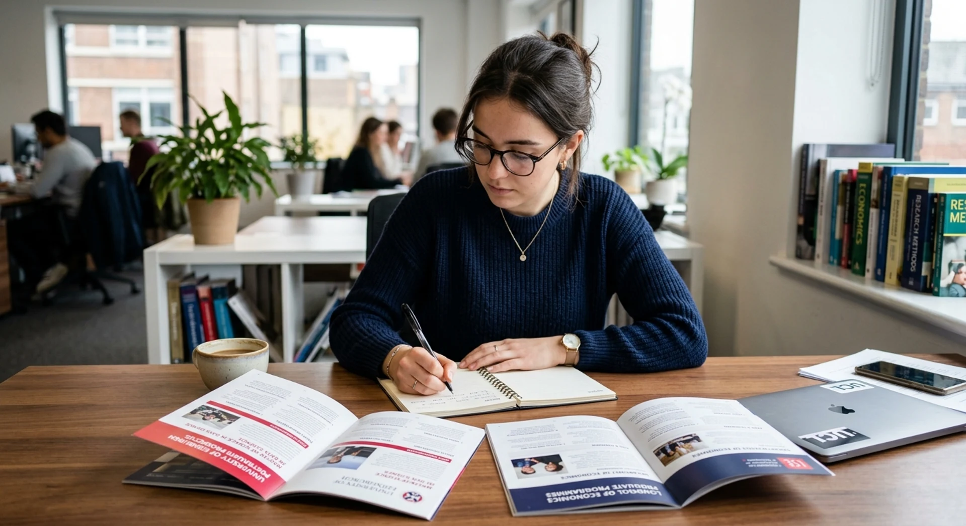 MBA ou pós-graduação: saiba as diferenças e como tomar a melhor decisão Jovem profissional analisando folhetos universitários em mesa de escritório, comparando certificados lado a lado enquanto faz anotações, fotografia documental autêntica com luz natural e detalhes nítidos em alta resolução.