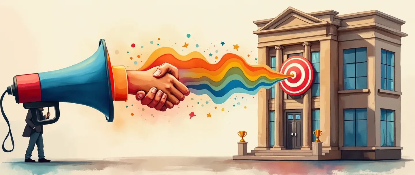 Uma pintura digital em aquarela de um elegante edifício de escritórios com um megafone projetando ondas coloridas que se transformam em um aperto de mãos. Uma identidade de marca sutil flui do edifício, conectando-se a um alvo com um troféu em seu centro. Composição simples, atmosfera profissional, cores quentes.