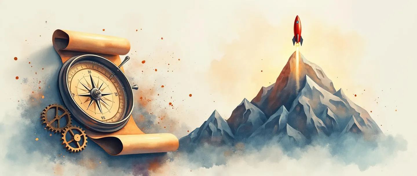 Uma pintura digital em aquarela de uma bússola apontando para um pico de montanha, com um pergaminho de declaração de missão se desenrolando abaixo. Um pequeno foguete lança-se para cima ao lado, enquanto engrenagens sutis conectam os elementos. Composição simples com direção proposital, usando cores quentes e inspiradoras para transmitir a visão e o propósito organizacional.