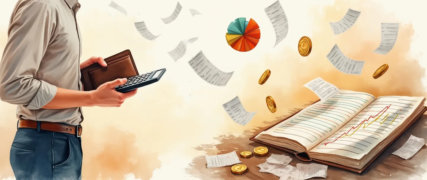 Uma pintura digital em aquarela de uma pessoa de negócios segurando uma carteira e uma calculadora, cercada por recibos e moedas flutuantes. Um livro contábil aberto mostra categorias de despesas enquanto um gráfico de pizza paira por perto. Composição simples com cores quentes retratando a gestão de despesas comerciais.