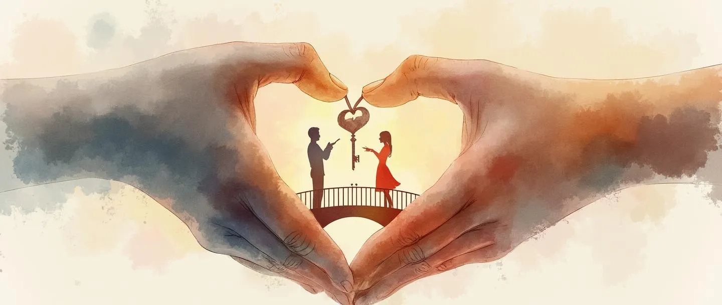 Uma pintura digital em aquarela de duas mãos formando um formato de coração, com uma das mãos segurando uma chave. Dentro do coração, uma pequena ponte conecta duas silhuetas. Cores suaves e quentes se misturam, criando uma atmosfera de confiança e conexão. Composição simples com ressonância emocional.