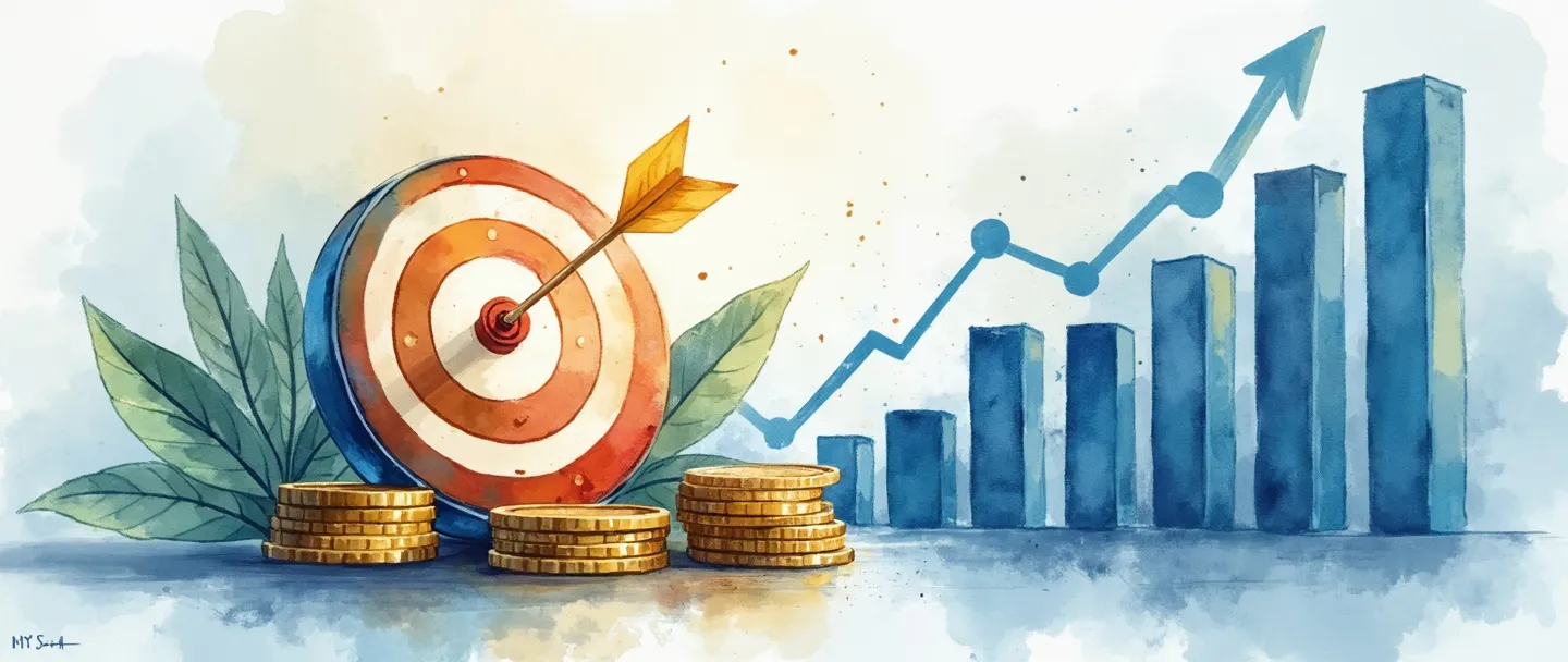 Uma pintura digital em aquarela de um painel financeiro estilizado mostrando um gráfico de barras simples com tendência ascendente e um indicador de medidor KPI. Um pequeno alvo com uma flecha no centro está ao lado de uma pilha de moedas. Composição limpa com tons de azul e dourado transmitindo sucesso financeiro e mensuração.