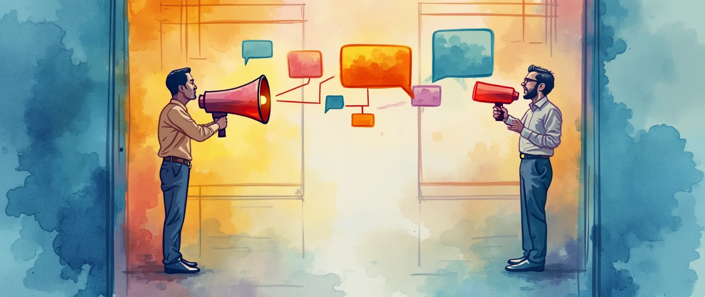 Uma pintura digital em aquarela de duas pessoas dentro de um edifício de escritórios compartilhando informações através de um megafone brilhante, com balões de fala coloridos fluindo entre elas. Um fluxograma organizacional simples conecta as figuras, representando comunicação interna. Vibrante mas minimalista, atmosfera profissional.
