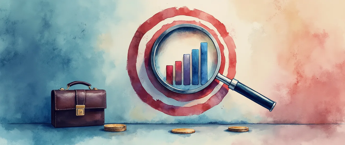 Uma pintura digital em aquarela de uma lupa examinando um alvo com anéis concêntricos, onde o centro contém um simples gráfico de barras com tendência ascendente. Uma pequena maleta está próxima, com algumas moedas espalhadas ao redor. Composição limpa, tema de análise de negócios, tons suaves de azul e vermelho.