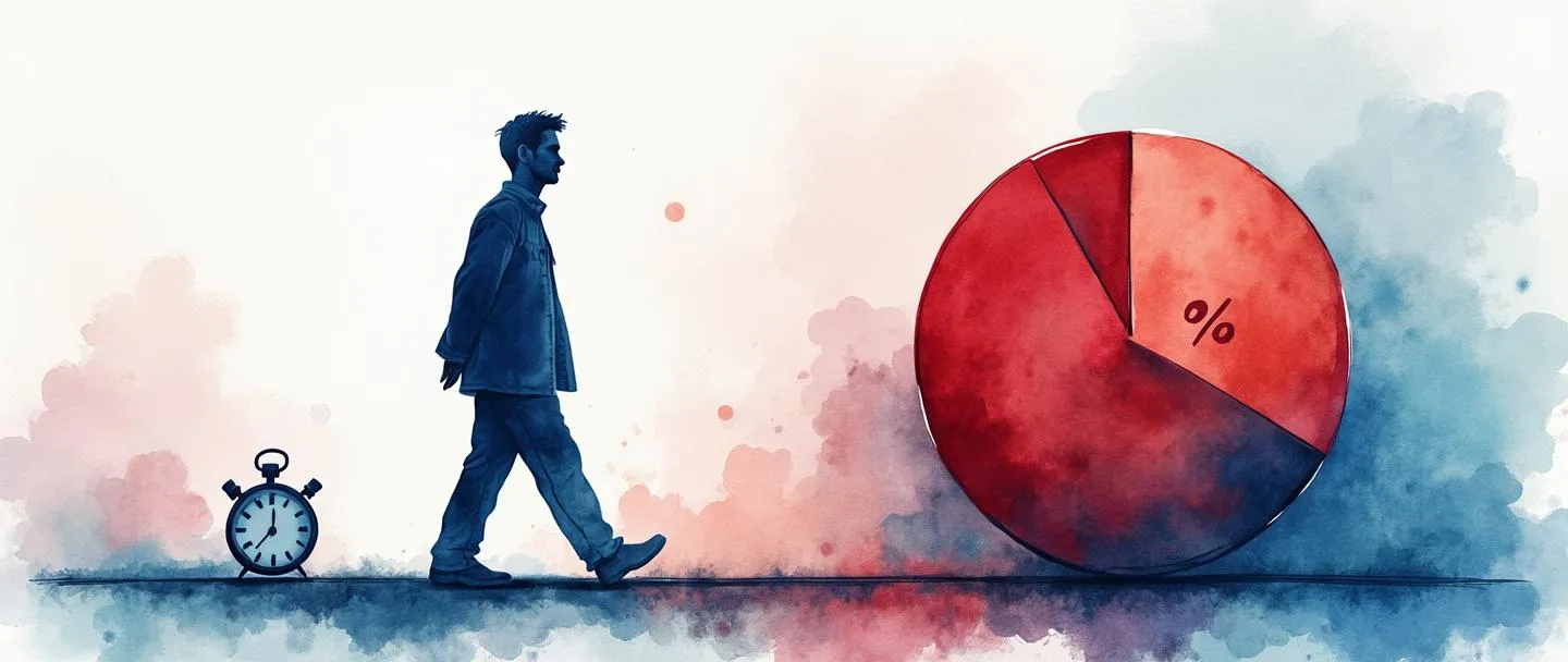 Uma pintura digital em aquarela de uma silhueta de cliente se afastando de um gráfico de pizza com uma fatia vermelha em declínio. Um cronômetro e um símbolo de porcentagem pairam nas proximidades. Composição simples com tons fluidos de azul e vermelho, representando a medição da saída de clientes.