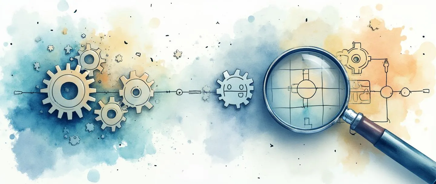 Uma pintura digital em aquarela de um fluxograma fluido com engrenagens conectadas, mostrando um mapa de processo se transformando de peças de quebra-cabeça espalhadas de um lado para um diagrama organizado do outro. Uma lupa paira acima, revelando detalhes dentro do processo. Composição simples com linhas limpas e cores suaves.