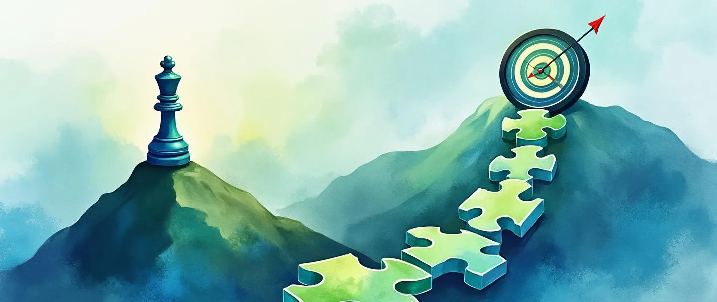 Uma pintura digital em aquarela de uma peça de xadrez estratégica em pé no topo de uma montanha, cercada por peças de quebra-cabeça conectadas formando um caminho. Uma bússola aponta para frente enquanto um alvo simplificado com uma flecha em seu centro brilha nas proximidades. Azuis e verdes vibrantes, composição limpa, conceito de planejamento estratégico.