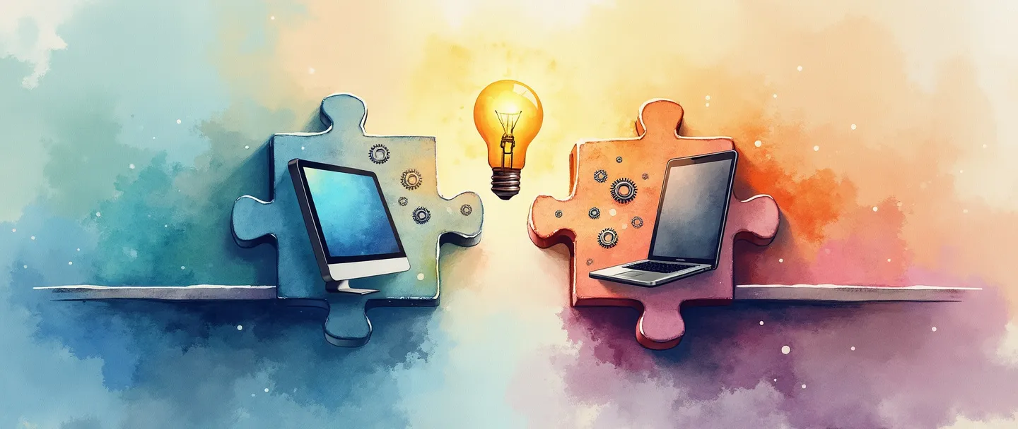 Uma pintura digital em aquarela de duas peças de quebra-cabeça que se conectam, uma contendo um computador e a outra um smartphone, com engrenagens sutis flutuando entre elas. Uma ponte conecta as duas peças, com uma lâmpada de luz suave brilhando acima do ponto de conexão. Composição simples, com foco em tecnologia, cores harmoniosas.