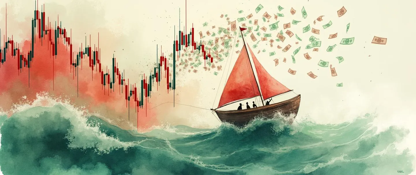 Uma pintura digital em aquarela de um gráfico do mercado de ações com altas e baixas dramáticas, representado em cores vermelhas e verdes. Um pequeno barco navega por ondas tempestuosas abaixo do gráfico. Símbolos de dinheiro esvoaçam em um padrão de vento turbilhonante ao redor da cena. Composição simples com metáfora visual clara para a instabilidade do mercado.