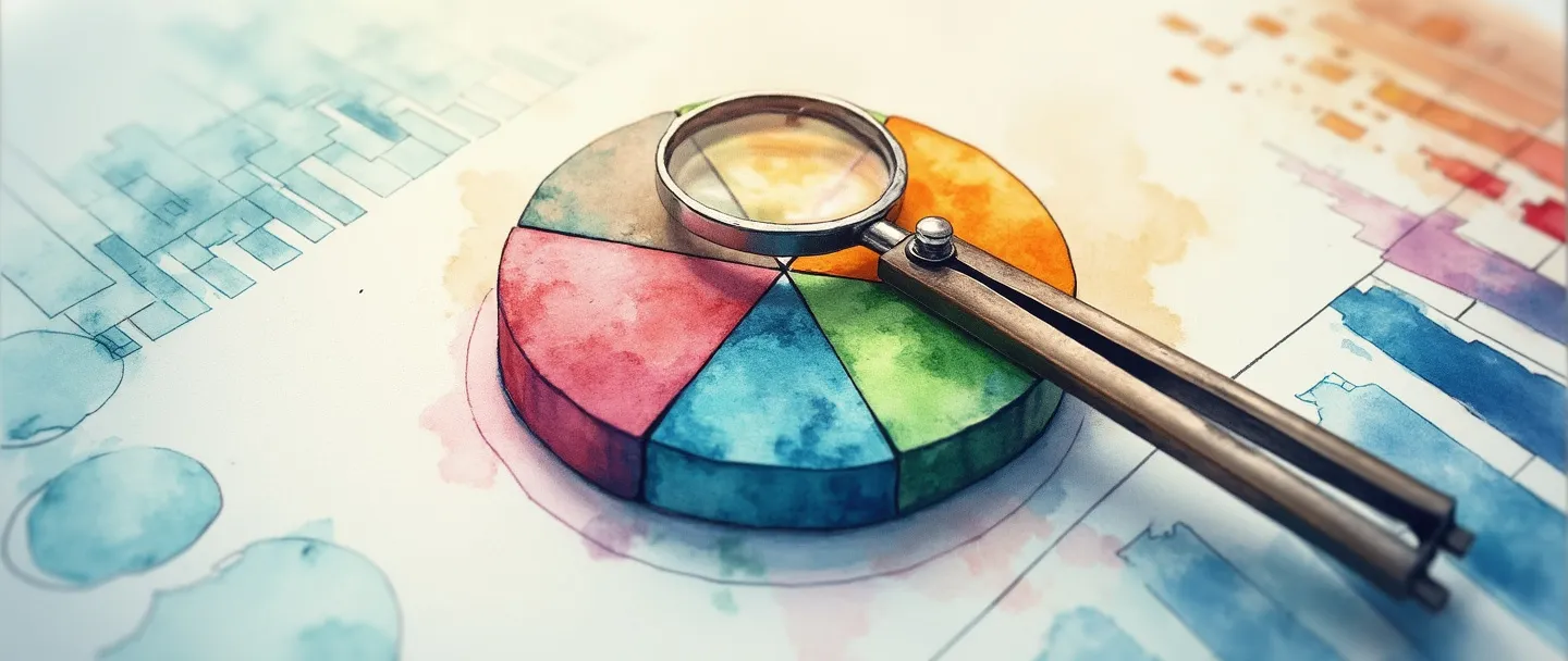 Uma pintura digital em aquarela de um gráfico de pizza sendo dividido em segmentos coloridos por uma ferramenta de compasso precisa. Cada segmento tem uma pequena lupa pairando acima dele, destacando diferentes padrões. Composição simples com linhas limpas e cores vibrantes, transmitindo organização e análise de dados.