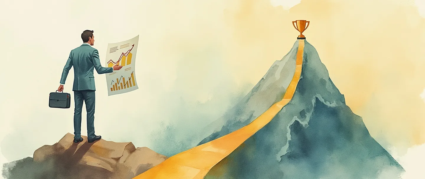 Uma pintura digital em aquarela de uma pessoa de negócios segurando um gráfico financeiro em uma mão e uma bússola na outra, em pé em uma encruzilhada com múltiplos caminhos. Um caminho leva a uma montanha com um troféu no topo. Composição simples com cores quentes, detalhes mínimos, transmitindo orientação financeira e sucesso.
