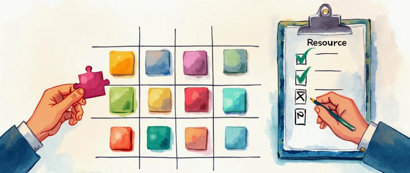 Uma pintura digital em aquarela de uma matriz em forma de grade com blocos de recursos coloridos sendo alocados em diferentes linhas de projetos. Uma mão segurando uma peça de quebra-cabeça está colocando-a no encaixe perfeito na grade. Composição simples com uma prancheta ao fundo mostrando um sinal de verificação. Cores vibrantes, mas profissionais, transmitindo organização e eficiência.