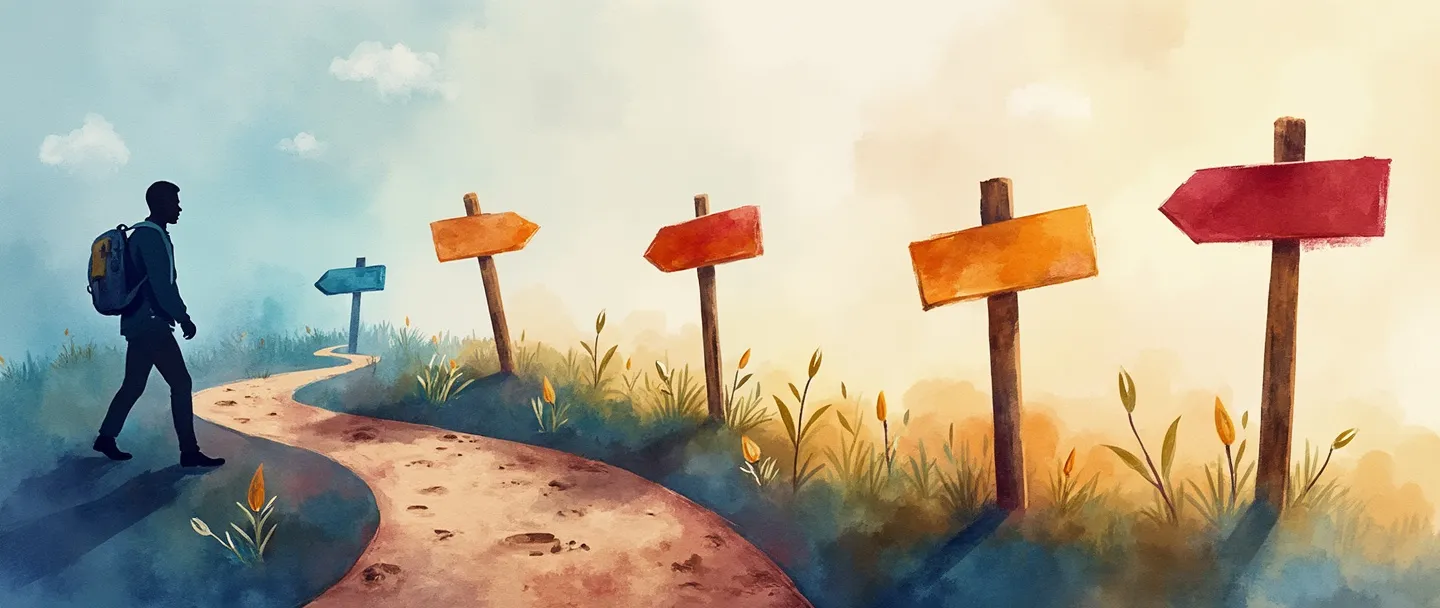 Uma pintura digital em aquarela de uma silhueta de cliente caminhando por um caminho sinuoso com placas de sinalização, cada uma representando diferentes estágios de uma jornada. Uma bússola guia o caminho enquanto um smartphone exibe pontos de contato coloridos. Composição simples com cores quentes e convidativas que transmitem orientação e progressão.