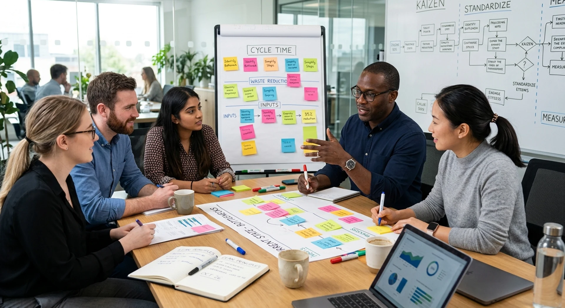 Equipe de negócios diversificada colaborando em workshop de melhoria contínua ao redor de mesa de conferência com notas adesivas e gráficos de processo, fotografia editorial ultra-realista com luz natural e detalhes nítidos.