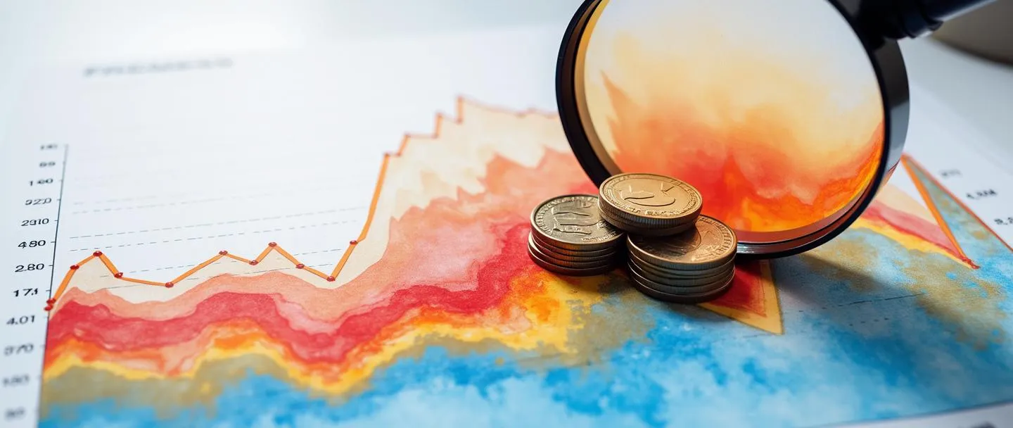 Uma pintura digital em aquarela de uma visualização de mapa de calor sobreposta a um gráfico de vendas, com áreas vibrantes em vermelho e laranja mostrando alta atividade de vendas e áreas mais frias em azul mostrando desempenho inferior. Uma lupa paira sobre a região mais quente, revelando uma pequena pilha de moedas. Composição simples, tema de análise de negócios.