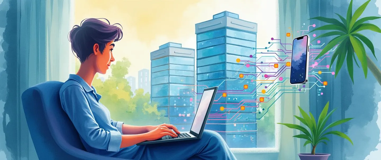 Uma pintura digital em aquarela de uma pessoa sentada em casa com um laptop, conectada por fluxos de dados coloridos a um prédio de escritórios à distância. Um smartphone flutua próximo mostrando a mesma interface do laptop. Composição simples com azuis e verdes vibrantes, transmitindo trabalho remoto e gestão digital.