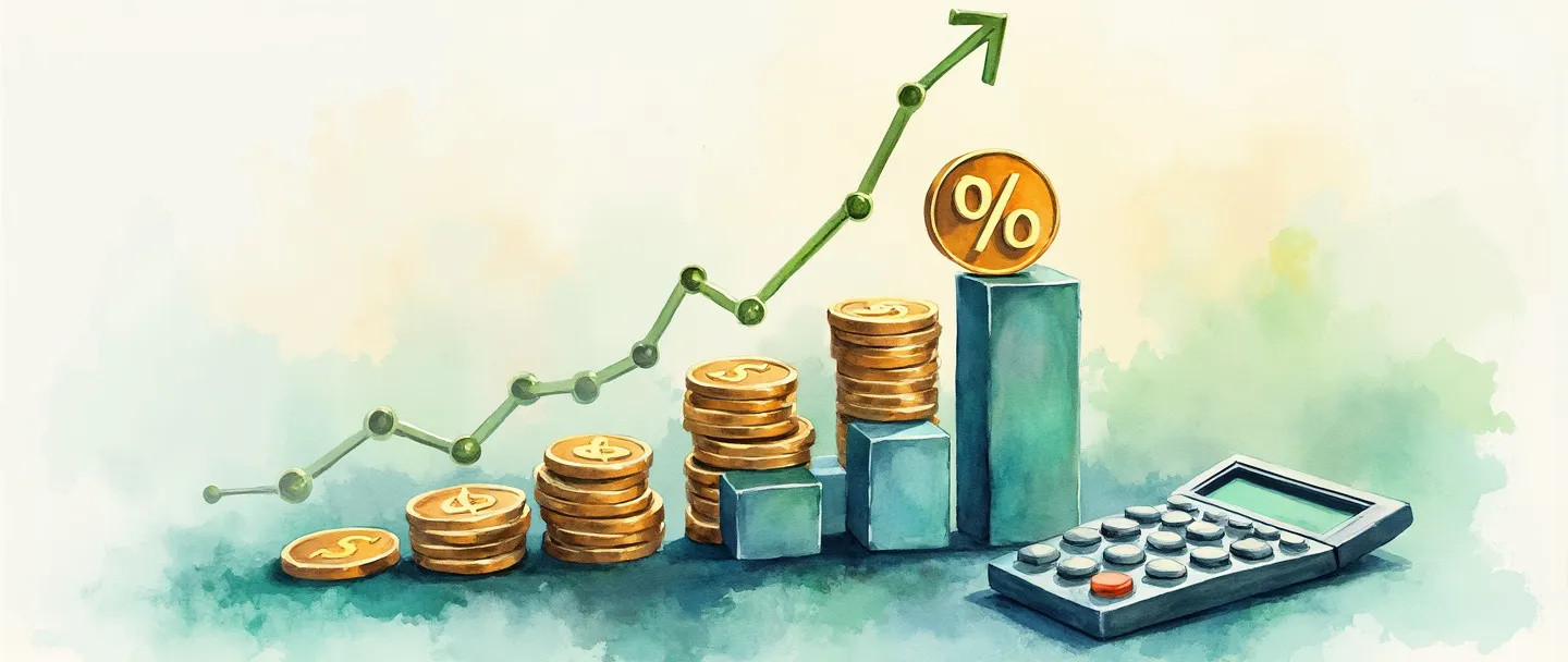 Uma pintura digital em aquarela de um símbolo de porcentagem feito de moedas, pairando sobre um gráfico de barras simples com uma tendência ascendente. Uma pequena calculadora está próxima com símbolos de dinheiro fluindo entre eles. Composição limpa com tons suaves de azul e verde, transmitindo crescimento financeiro e análise de vendas.