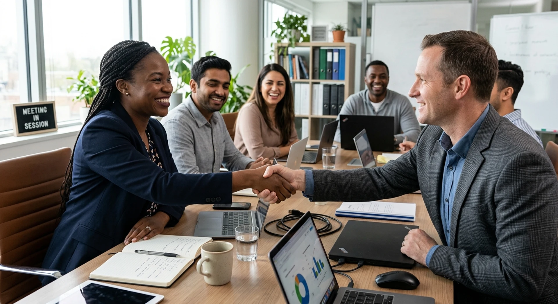 Fotografia editorial ultra-realista de equipe diversa em reunião de negócios, aperto de mãos e sorrisos autênticos, luz natural, alta resolução, foco nítido, momento corporativo genuíno capturado em ambiente profissional.