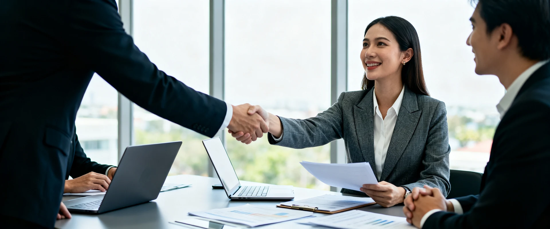 Persuasão: o que é e como aplicar técnicas para vender mais Fotografia editorial ultra-realista de reunião de negócios profissional com empresária confiante apresentando para clientes, momento autêntico de aperto de mão mostrando confiança e acordo, capturada com Canon EOS R5, luz natural, foco nítido e detalhes cristalinos.