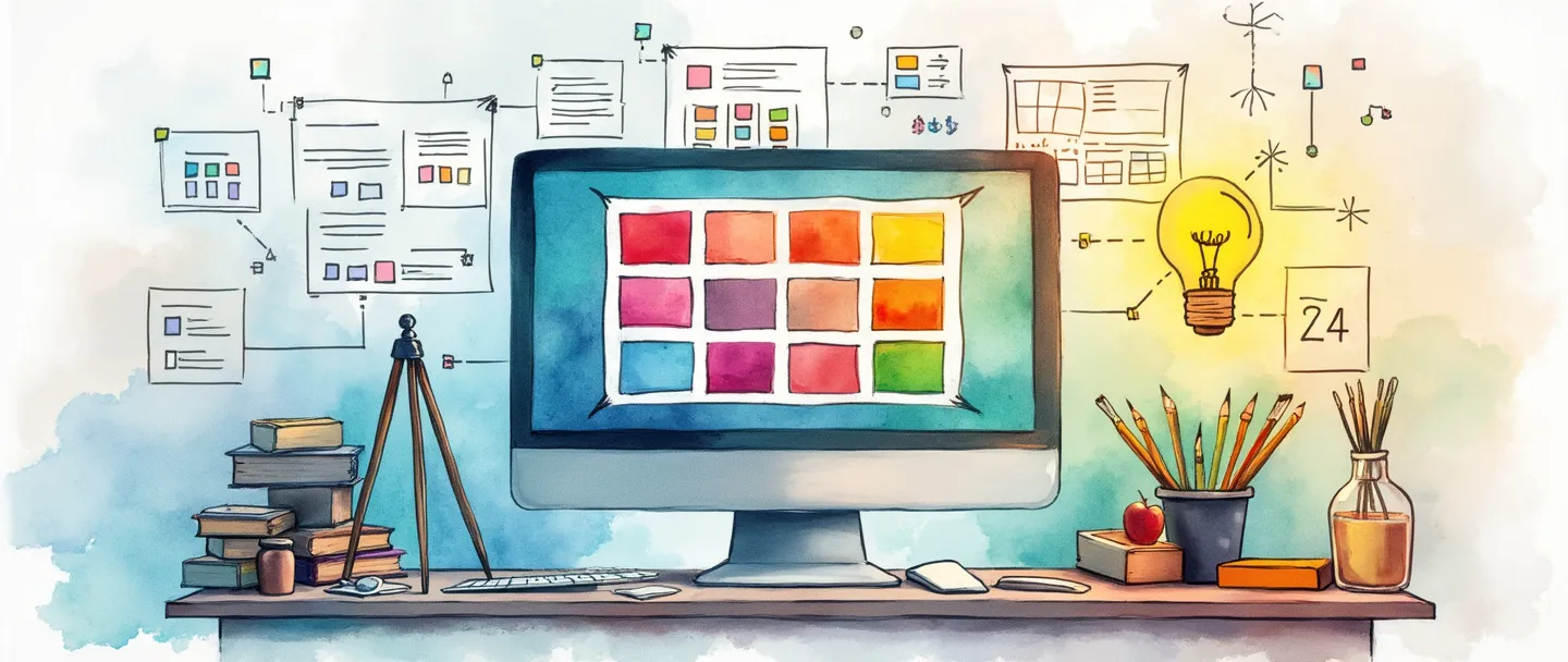 Uma pintura digital em aquarela de uma tela de computador exibindo um layout de grade colorido com um pincel e uma régua ao lado. Wireframes simples e paletas de cores flutuam acima, conectados por linhas delicadas. Uma bússola guia a composição enquanto uma lâmpada brilha suavemente próxima, representando ideias e criatividade. Limpo, vibrante e educativo.
