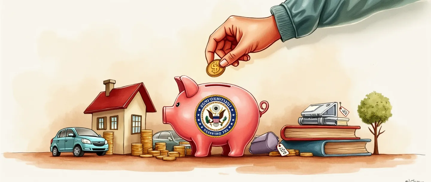 Uma pintura digital em aquarela de uma mão colocando moedas em um cofre de porquinho estilizado com um selo governamental nele. Vários itens do cotidiano (casa, carro, livro) têm pequenas etiquetas de preço anexadas. Composição simples com cores quentes, mostrando o conceito de tributação sobre bens e posses.