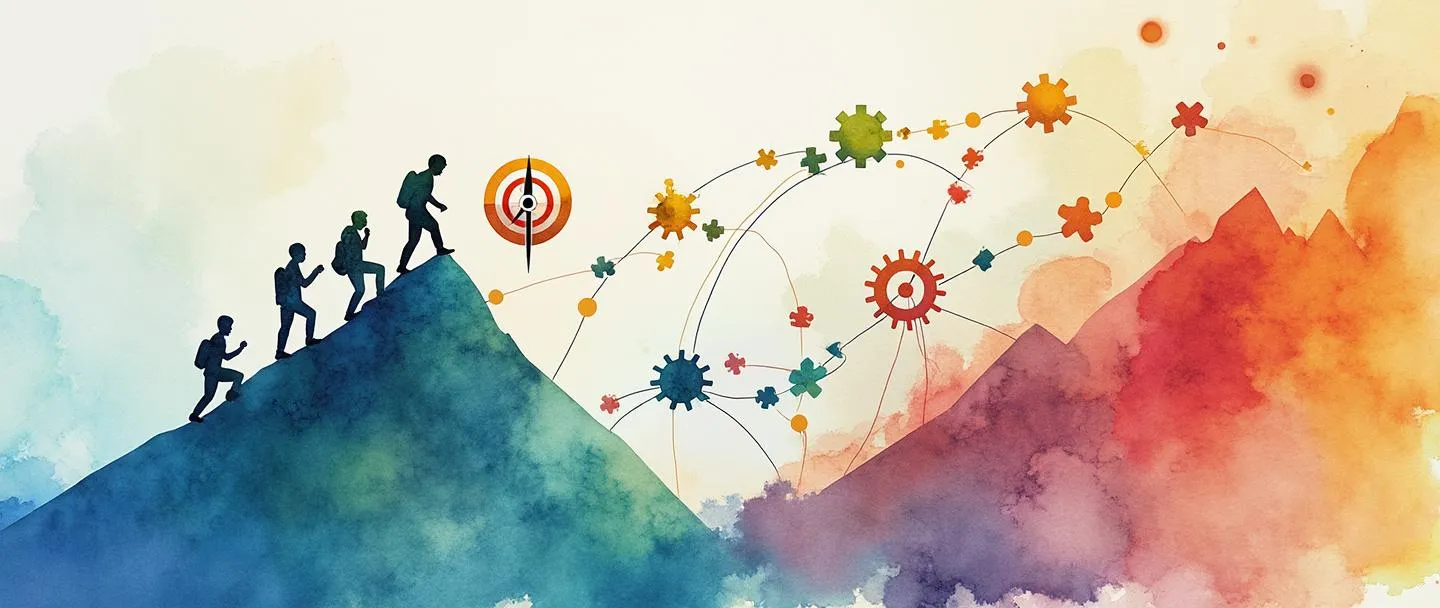 Uma pintura digital em aquarela mostrando uma bússola guiando uma equipe que escala um caminho montanhoso em direção a um alvo no topo. Engrenagens e peças de quebra-cabeça conectam seu caminho, enquanto um fluxograma simples preenche as lacunas entre os platôs. Vibrante, porém minimalista, enfatizando o alinhamento estratégico e o progresso colaborativo.