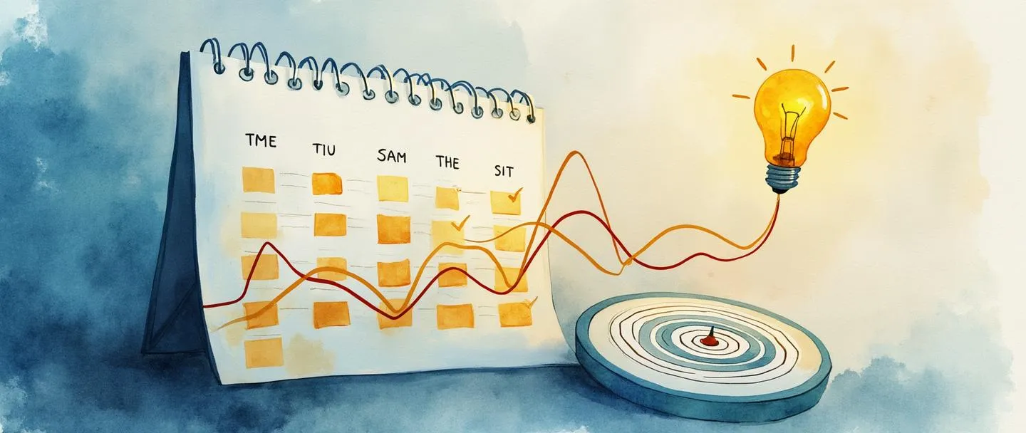 Uma pintura digital em aquarela de um calendário com datas-chave destacadas em dourado, conectadas por linhas fluidas a um gráfico ascendente. Uma lâmpada flutua acima, iluminando um alvo com um centro. Composição simples com azuis vibrantes e dourados quentes, transmitindo planejamento estratégico de negócios.