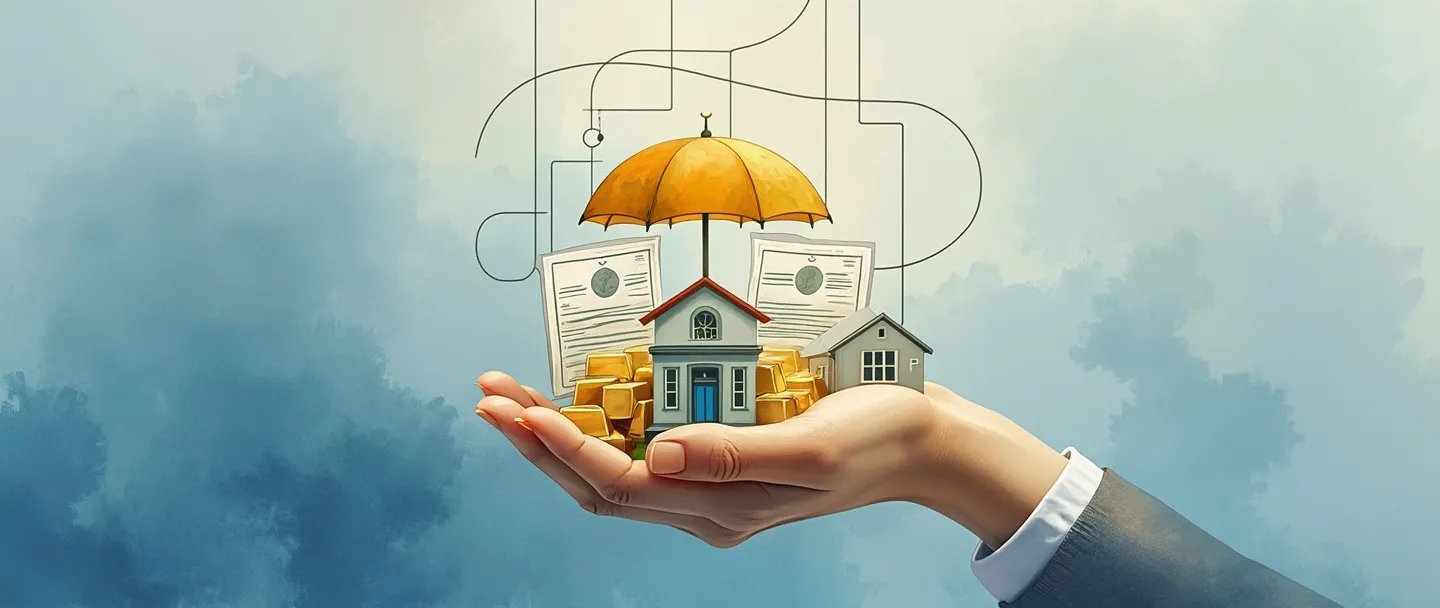 Uma pintura digital em aquarela de um portfólio contendo vários ativos - um pequeno edifício, barras de ouro e certificados de ações - todos conectados por linhas elegantes e fluidas formando um formato de guarda-chuva protetor. Uma mão gentilmente segura esta coleção por baixo, sugerindo gestão e proteção. Composição simples com tons suaves de azul e dourados quentes.