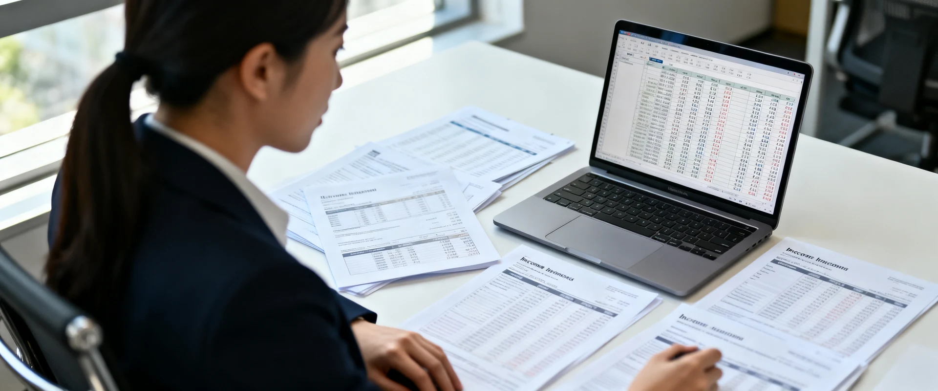 DRE na Contabilidade: significado, elaboração e modelos prontos para usar Fotografia editorial ultra-realista de contador profissional trabalhando em escritório moderno com relatórios financeiros impressos e laptop exibindo planilhas, luz natural de janela, foco nítido, alta resolução, pessoas e objetos reais.