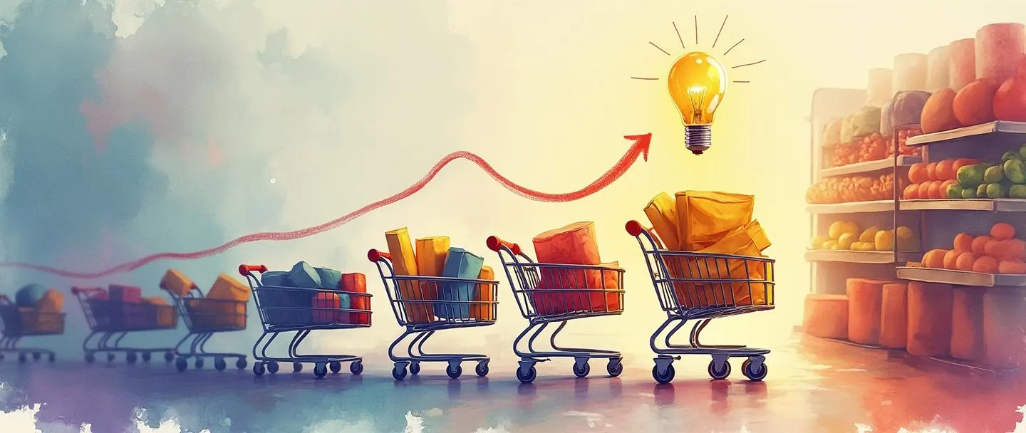 Uma pintura digital em aquarela de carrinhos de compras fluindo em direção a uma prateleira de loja com produtos, alguns carrinhos cheios enquanto outros esperam na fila. Um gráfico simples com tendência ascendente flutua acima, com uma lâmpada iluminando a cena. Cores vibrantes, porém simples, transmitindo o conceito de demanda do consumidor.