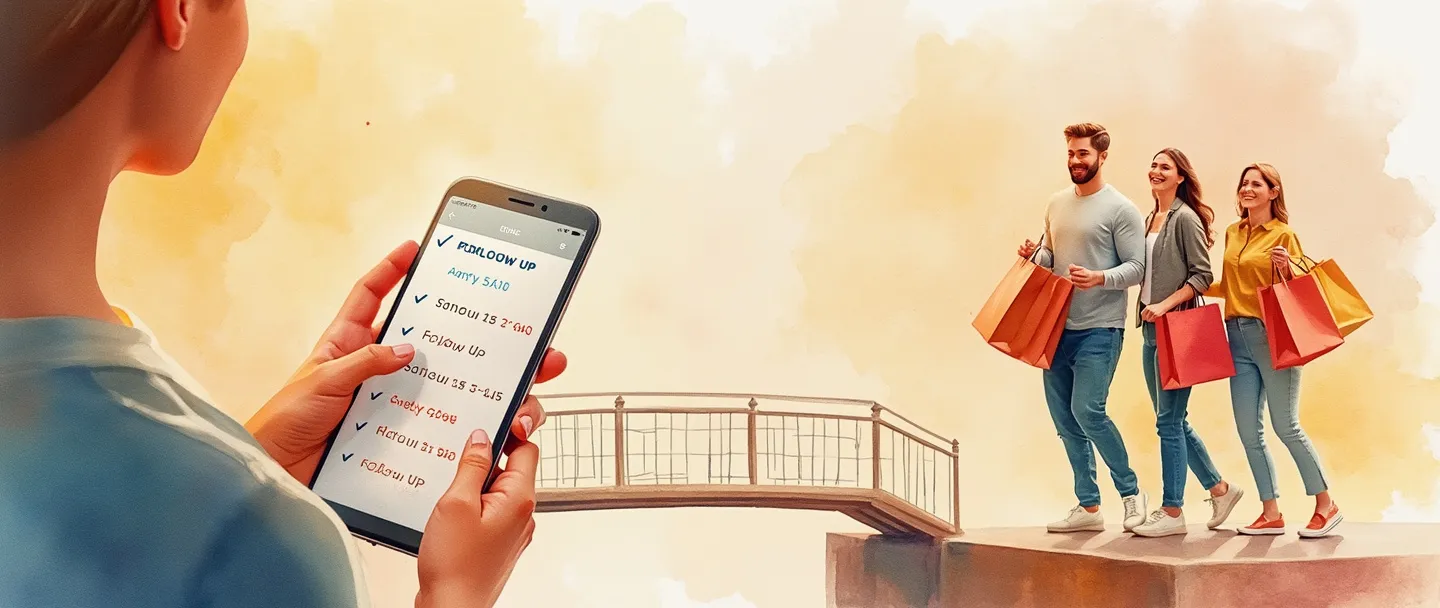 Uma pintura digital em aquarela de um vendedor marcando itens em um smartphone, com um calendário mostrando várias datas de acompanhamento. Uma pequena ponte conecta o vendedor a clientes felizes segurando sacolas de compras. Composição simples com cores quentes transmitindo relacionamento contínuo e sucesso nas vendas.